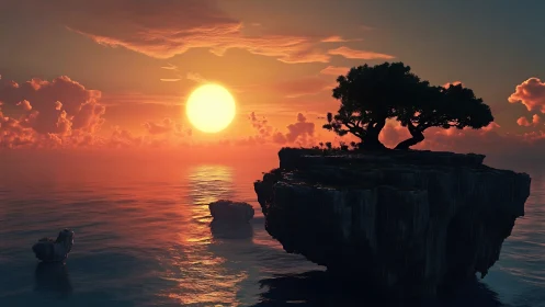 Solitary Tree Glowing in Golden Sunset Over Water.