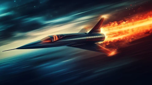 Hypersonic jet streaks through neon sky with blazing engine