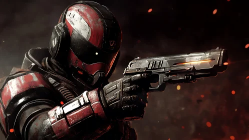 Armored sci fi soldier aims pistol through ember storm.