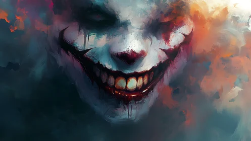 Storm-lit sinister clown smile in swirling painted mist.