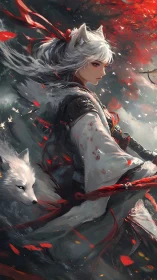 Fox-eared warrior amid crimson leaves and spectral wolf.
