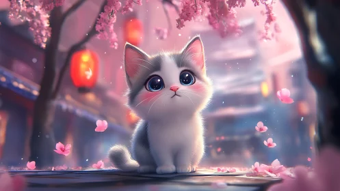 Enchanted White Kitten in Dreamy Cherry Blossom Paradise