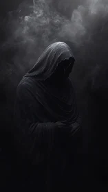 Hooded robed figure in dark smoke filled atmosphere.