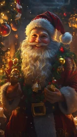 Santa Claus portrait with glowing Christmas wreath garland.