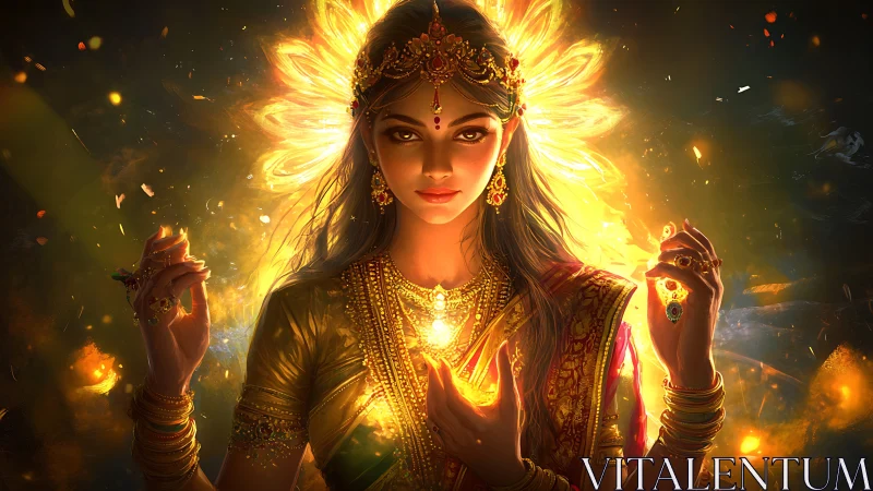 Radiant goddess figure crowned by blazing golden light halo