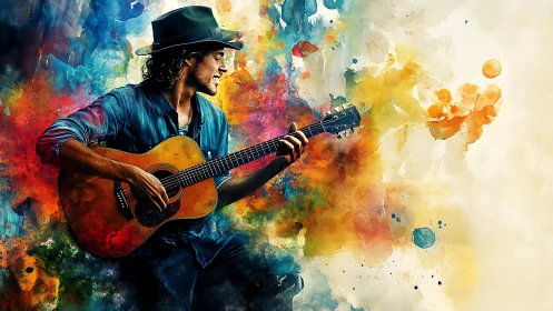 Guitarist in profile amid multicolored abstract paint field.