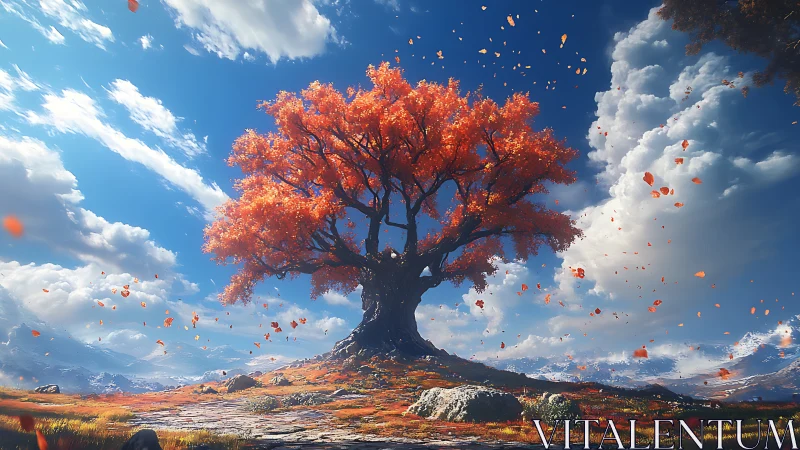 Cinematic digital landscape of radiant autumn tree centerpiece.