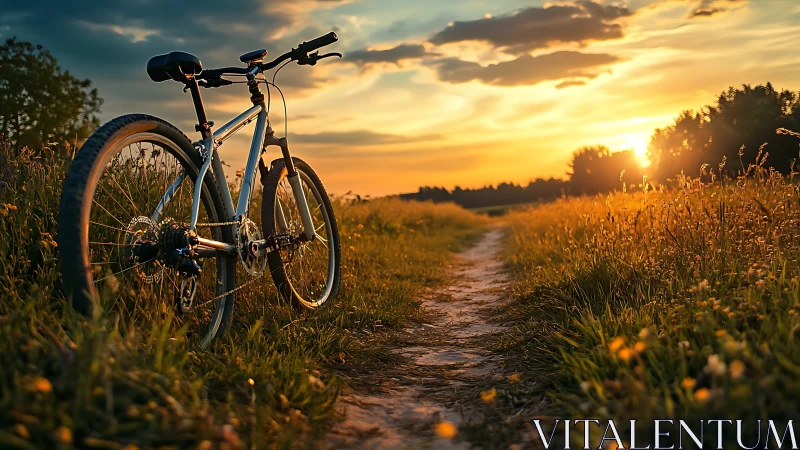 Bicycle on Rural Path at Golden Hour Sunset.
