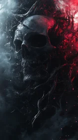 Monochrome skull in red nebular smoke with organic tendrils