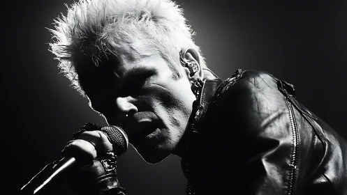 High-contrast monochrome portrait captures intense punk vocalist