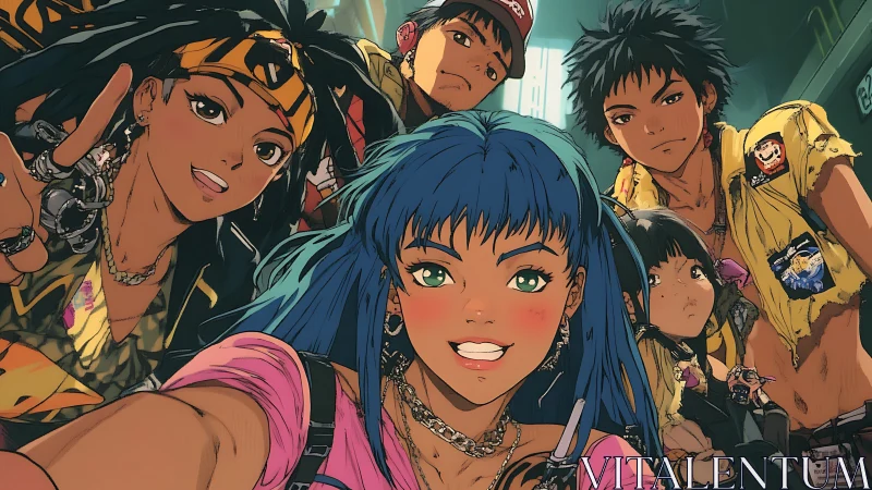 Urban street crew poses for a bold, colorful group selfie.