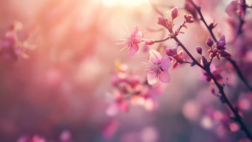 Blushing cherry blossoms drifting in soft sunrise haze.