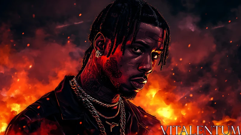 Smoldering portrait of a man standing strong before blazing fire