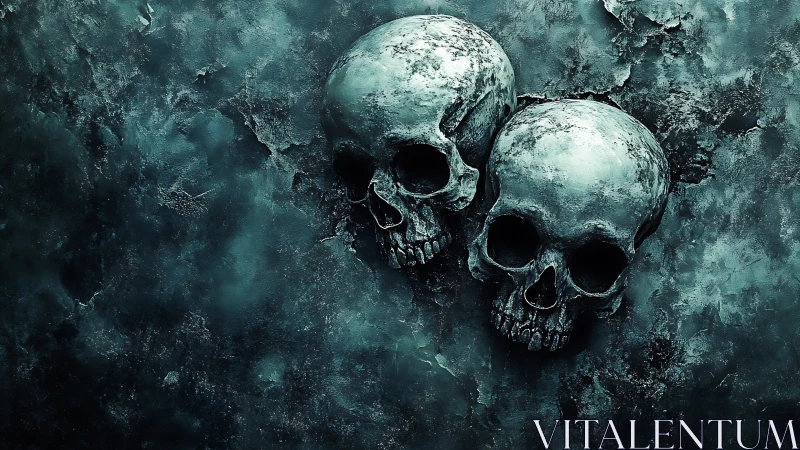 Twin corroded skulls emerge from a weathered teal wall.