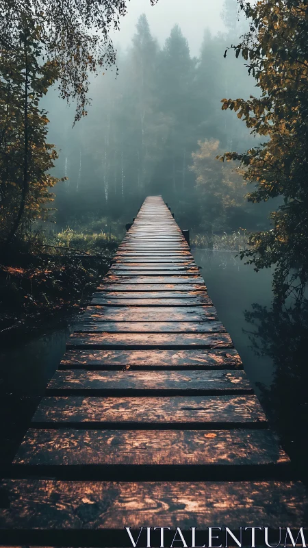 Weathered woodland pier tiptoes into the silver morning fog