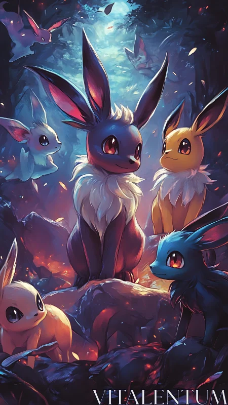 Enchanted fox creatures gather under a glowing forest sky