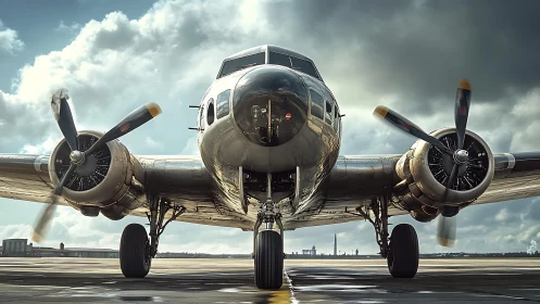 Twin‑engine propeller aircraft is parked on the runway