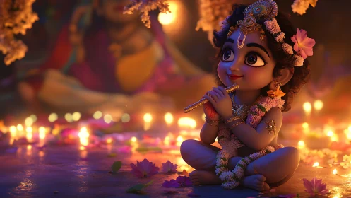 3D devotional character tableau with candlelit bokeh ambiance.