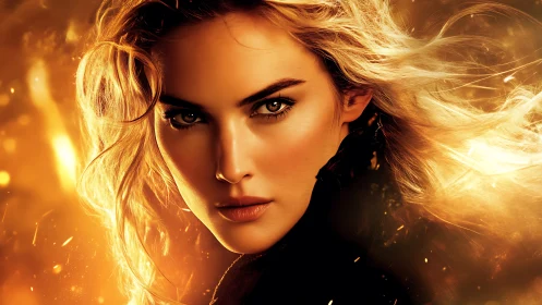 Fierce blonde heroine stares through swirling golden flames