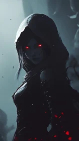 Dark hooded sorceress with glowing red eyes in mist.