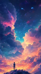 Silhouette child under vivid cosmic sky and glowing clouds.