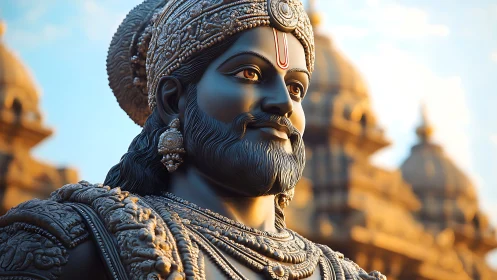 Regal warrior statue before ornate temple at sunset.