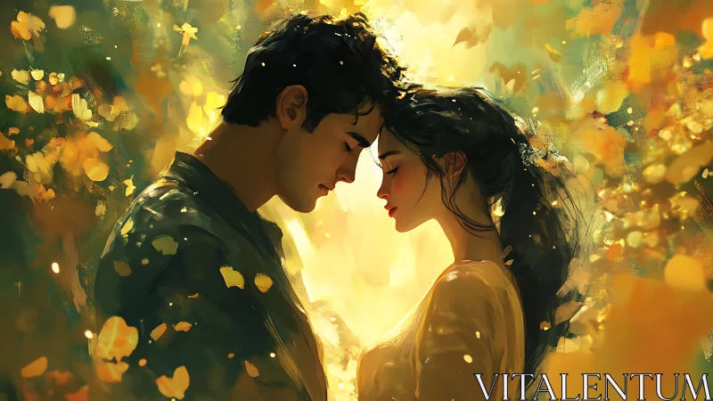 Intimate moment between two figures in golden light field.