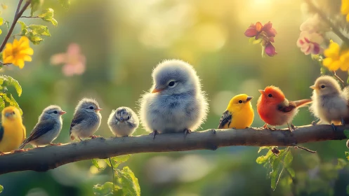 Colorful baby birds on a branch in dreamy spring sunlight.