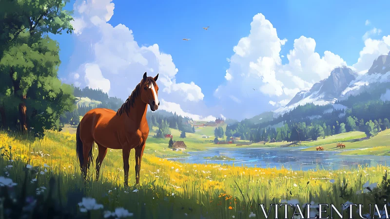 Gentle chestnut horse in a sunlit mountain meadow by a lake.