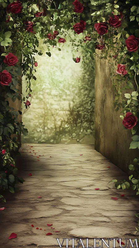 Soft rose-covered garden passageway invites quiet wandering