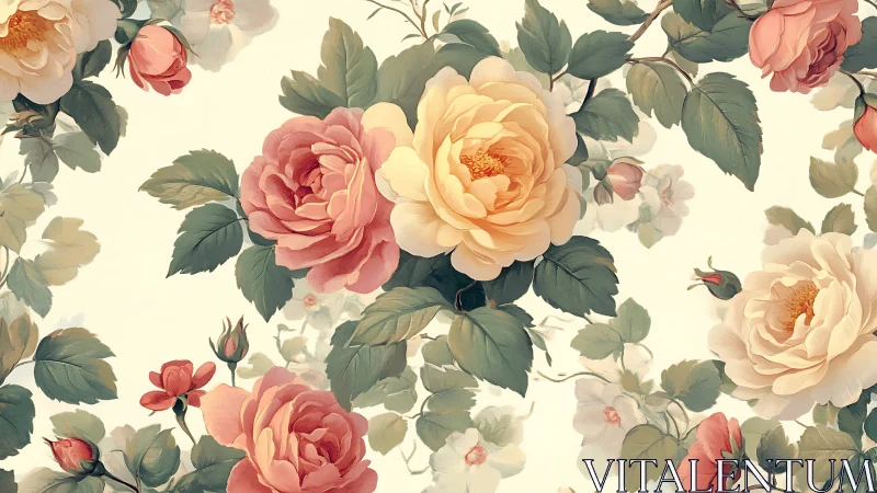 Roses and foliage repeating floral surface illustration design.