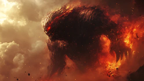 Firestorm titan strides through glowing clouds of embers.