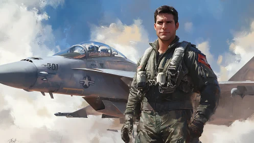 Fighter pilot in G-suit standing before twin-seat naval jet aircraft