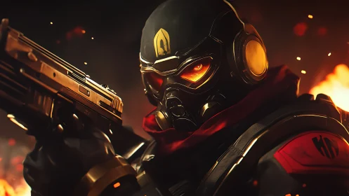 Masked armored gunman stands amid fire with controlled stance