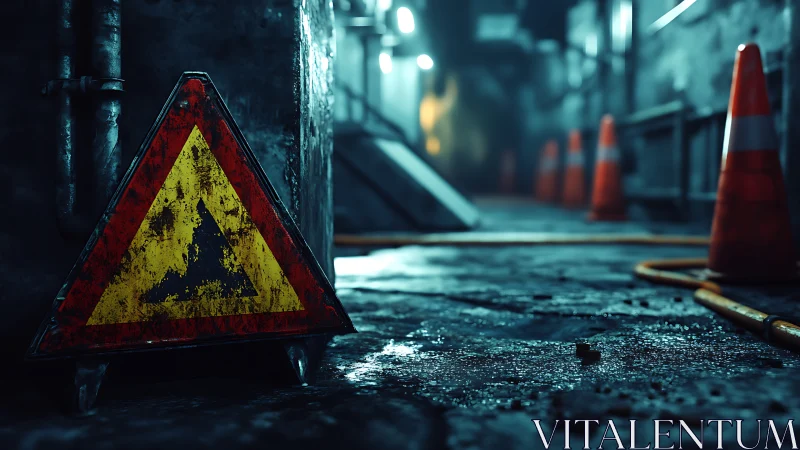 Wet industrial corridor with worn hazard sign at night.