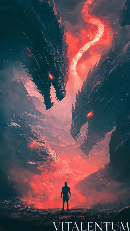 Lone warrior confronting twin abyssal dragons in flame veil.