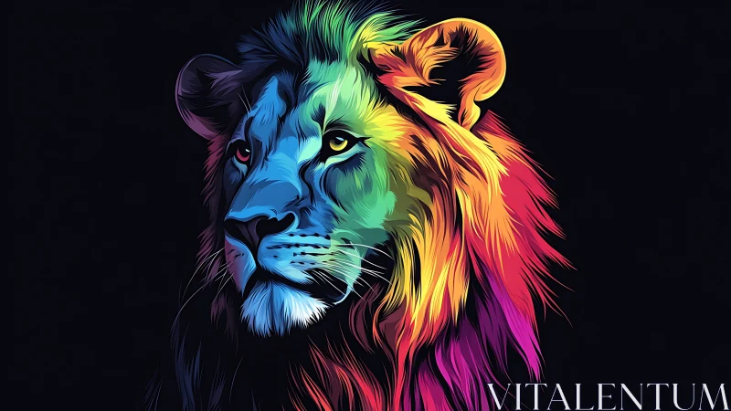 Multicolor vector-rendered lion portrait on dark background