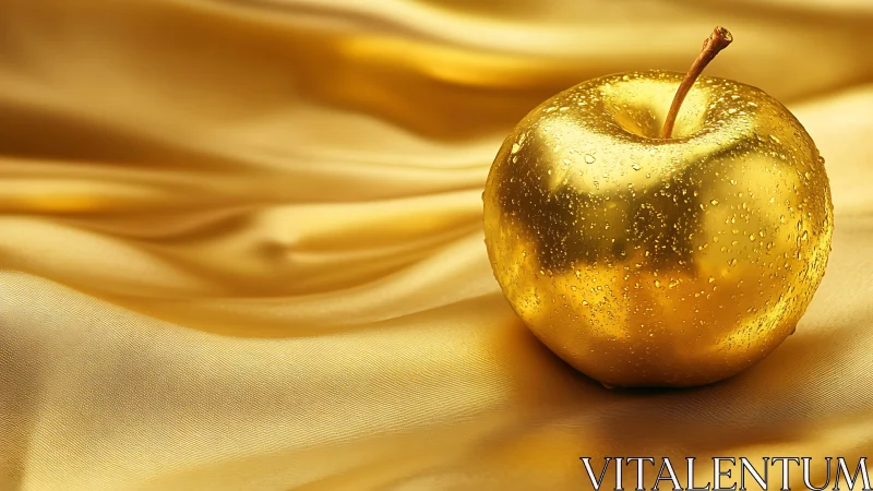 Golden apple rests on satin draped surface, dewy highlights.
