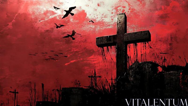 Weathered cross dominates blood-red apocalyptic sky.