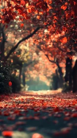 Autumn leaf tunnel over sunlit path with soft bokeh glow.