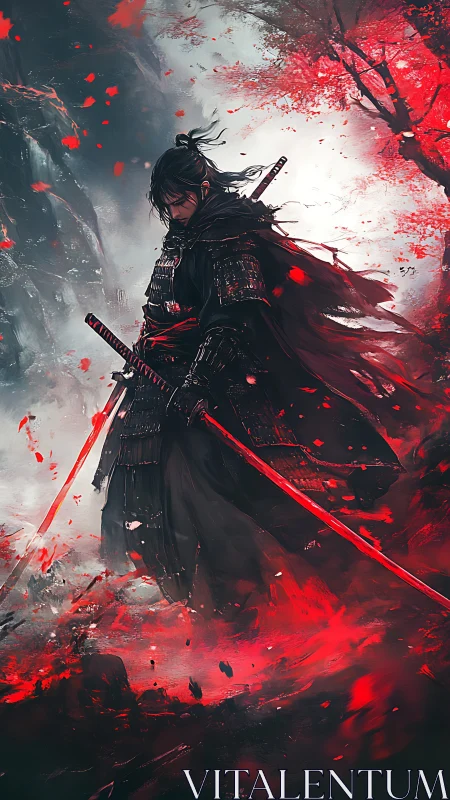Samurai figure in black armor amid red swirling particles.