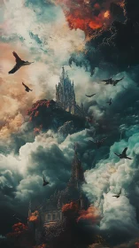 Vertical gothic citadel in storm-torn celestial cloudscape.