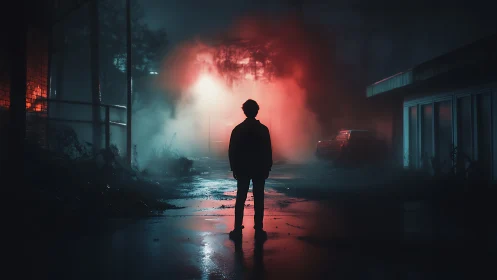 Silhouetted figure stands in foggy neon lit urban alleyway.