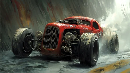 Post-apocalyptic red hot rod roars through misty highway.