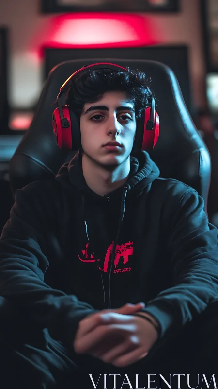 Crimson gamer focus under neon glow in a moody battlestation.