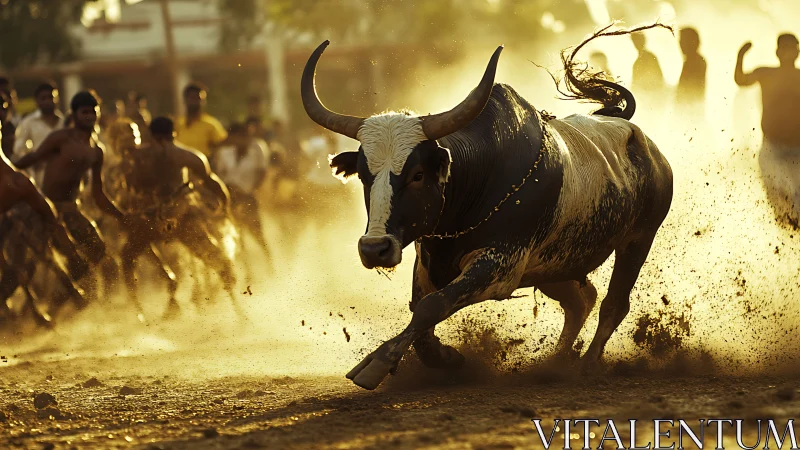 Powerful bull racing through golden dust and cheering crowd.