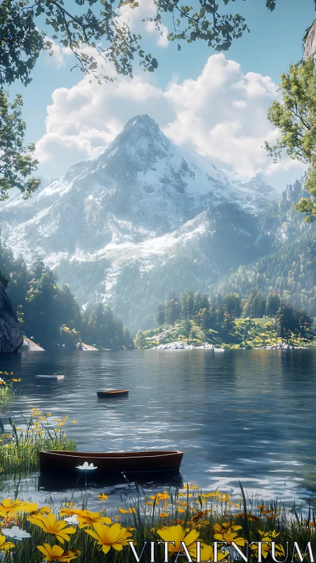 Snowcapped mountain towers over calm alpine lake with boats