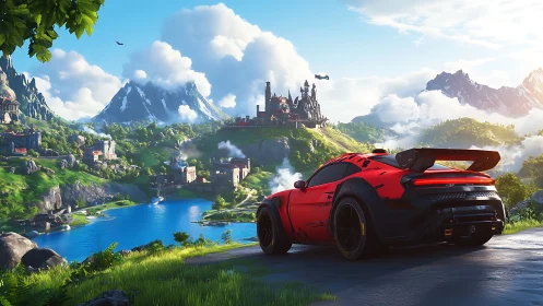 Red sports car overlooks stylized mountainous lakeside valley