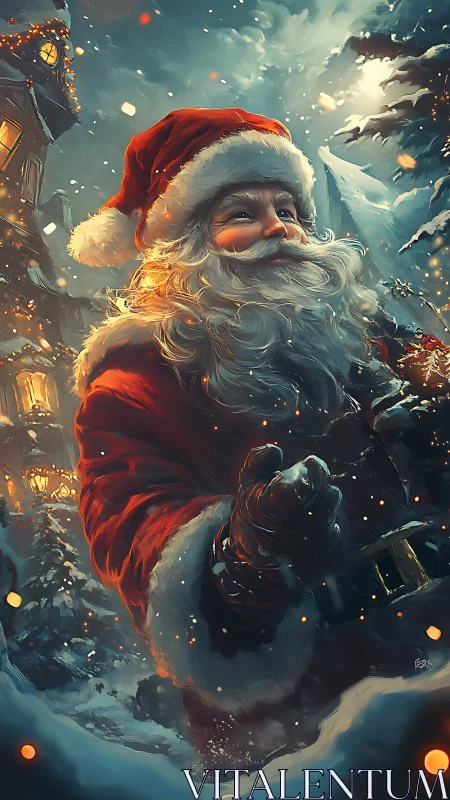 Digital illustration depicts Santa figure in snowy village scene