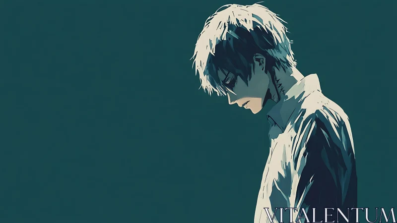 Quietly glowing resolve in a teal-shadowed anime portrait.